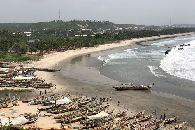 The Door Of No Return/ Dungeon & cape Coast Castle - Cape Coast drive, fishermen with outboard motors, and beach scenes